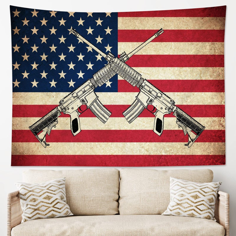 LB American Flag Tapestry Vintage The Stars and Stripes Flag with Gun Wall Hanging Western Culture Tapestries for Bedroom Living Room Dorm Party Wall Decor,60Wx40H inches - Image 3